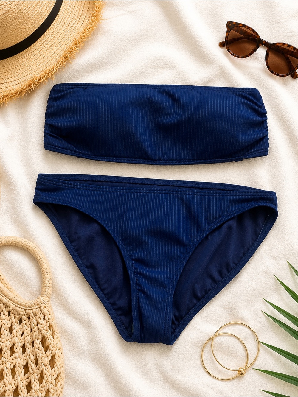 NWT Michael Kors Navy Ribbed Bandeau Bikini
